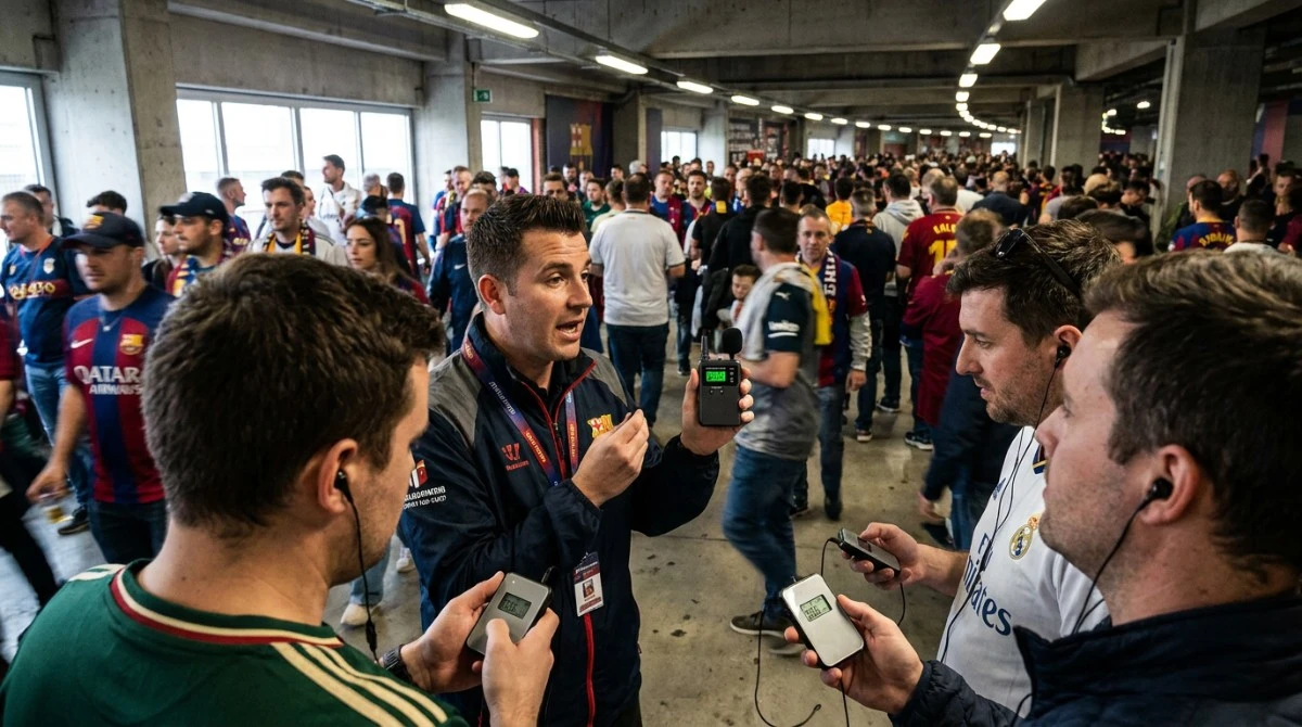 A tour guide holding a wireless transmitter leading a small group through a busy stadium concourse visitors wearing compact audio receivers A tour guide holding a wireless transmitter leading a small group through a busy stadium concourse visitors wearing compact audio receivers