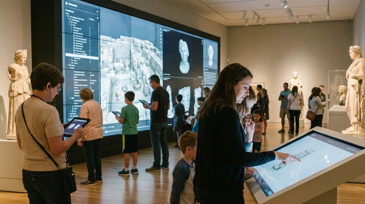 Museum visitors using digital guide equipment as part of smart tourism digitalization Museum visitors using digital guide equipment as part of smart tourism digitalization